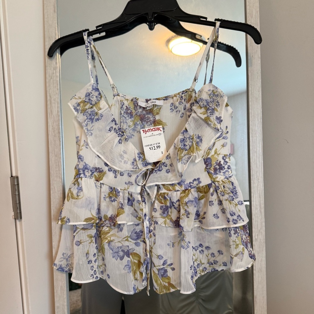 Love Tree White Floral Ruffle Tiered Camisole with Blue & Green Print